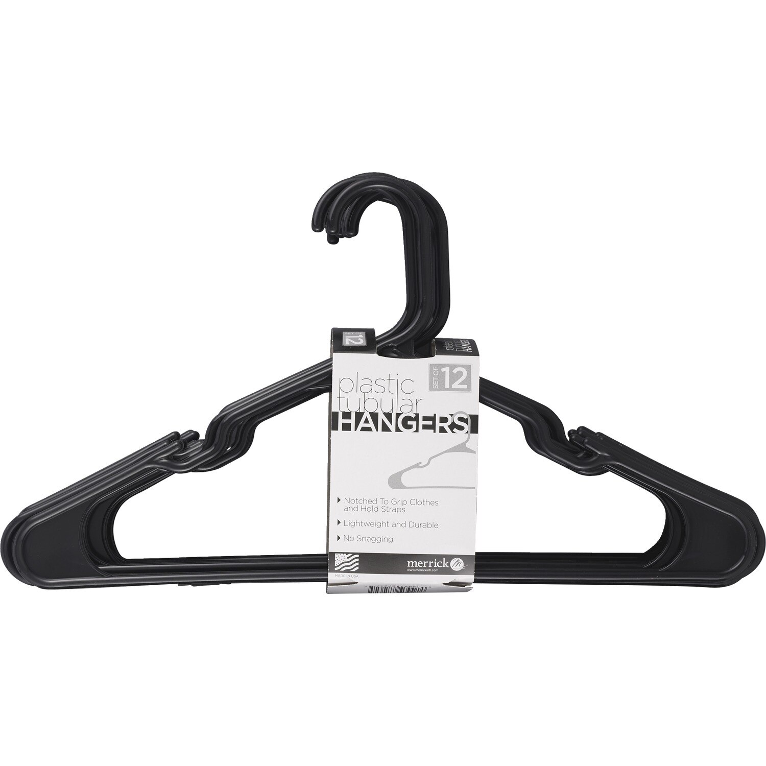 Merrick Plastic Tubular Hangers, Black, 12 ct image.