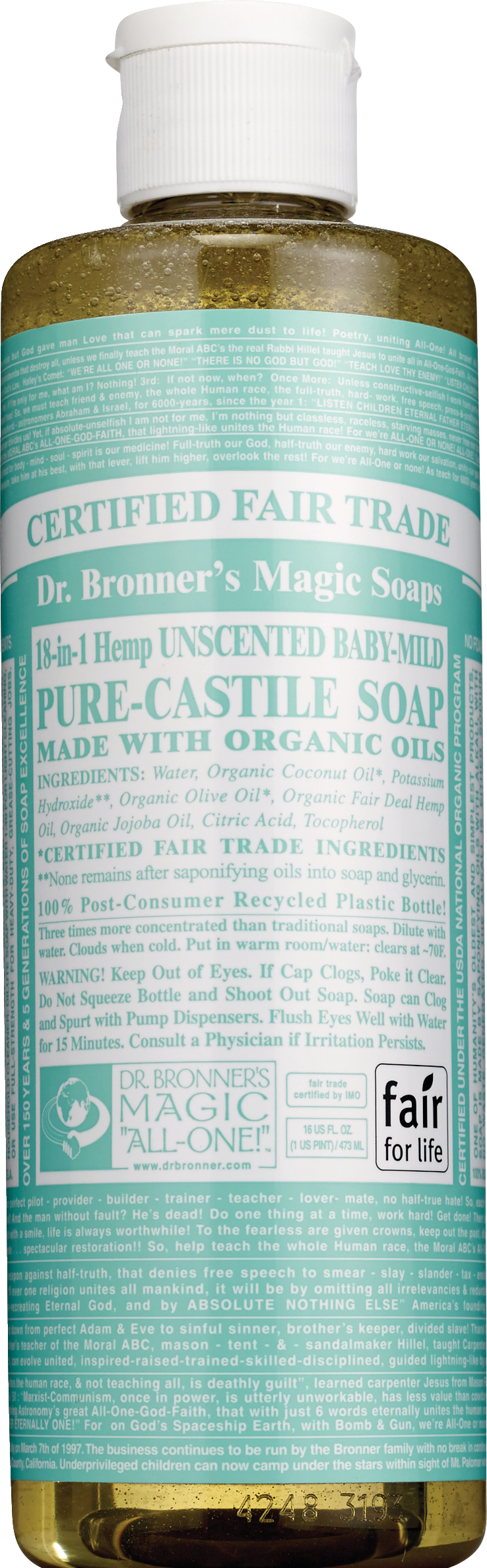 Dr. Bronner's Magic Soaps Unscented Baby-Mild Pure-Castile Liquid Soap, 16 OZ