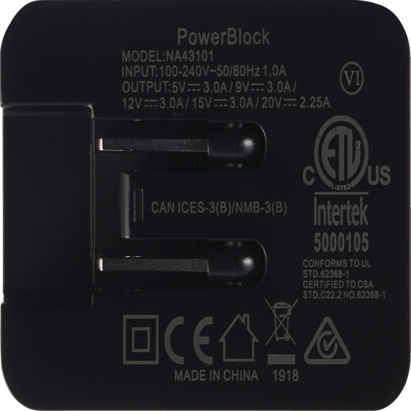 Griffin PowerBlock USB-C PD 18W Wall Charger - Black (North America). Lifetime Warranty.