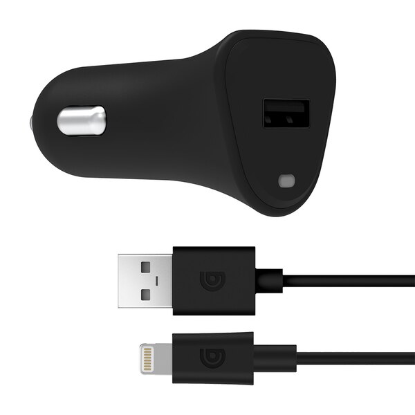 Griffin PowerJolt Universal USB-A 12W Car Charger with USB-A to Lightning Cable - Black. Lifetime Warranty.