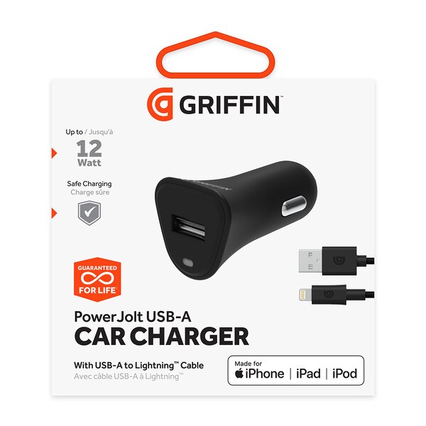 Griffin PowerJolt Universal USB-A 12W Car Charger with USB-A to Lightning Cable - Black. Lifetime Warranty.