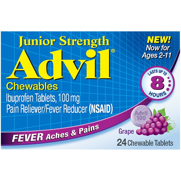 Children's Advil Junior Strength, 100 Mg Ibuprofen for Ages 2-11, Grape, 24 Chewable Tablets