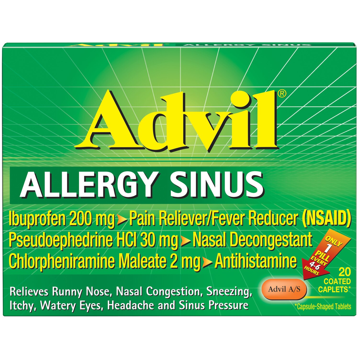 Advil Allergy Sinus Relief Coated Caplets, Pain Reliever & Allergy Relief, 20 CT image.