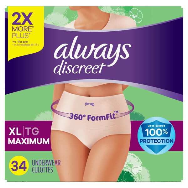 Always Discreet Women's Incontinence and Postpartum Underwear, XL, 34 CT