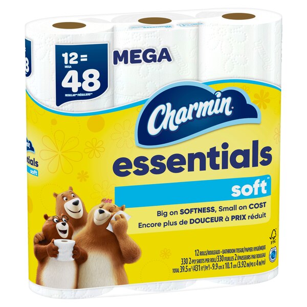 Charmin Essentials Soft Toilet Paper 12 Mega Rolls, 330 sheets per roll