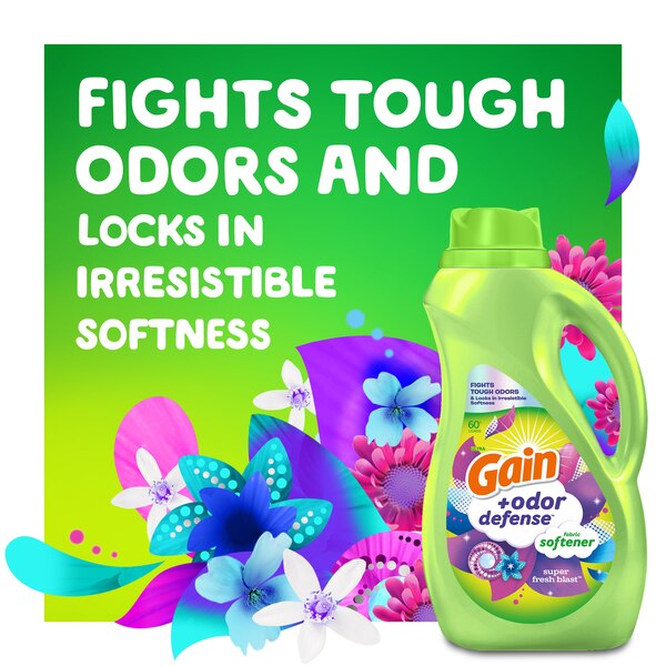 Gain + Odor Defense Liquid Fabric Softener, Super Fresh Blast Scent, 60 Loads, HE Compatible, 51 fl oz
