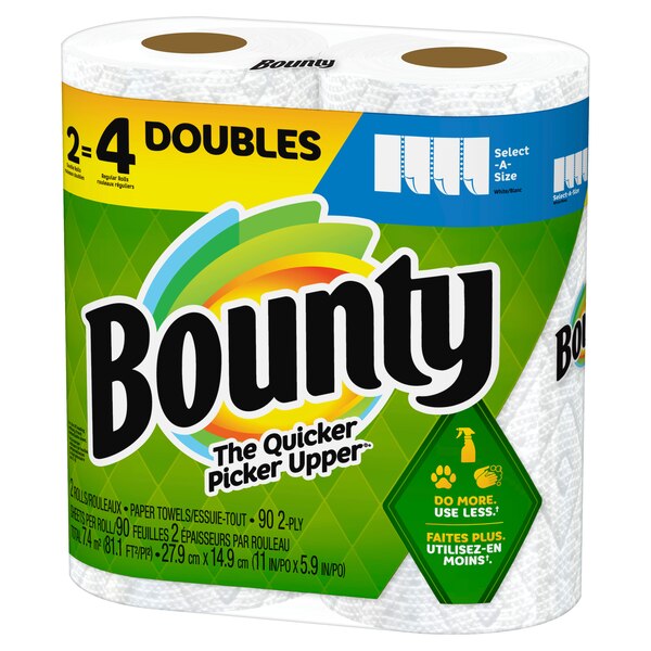 Bounty Select-A-Size Paper Towels, 2 Double Rolls, White, 90 Sheets Per Roll