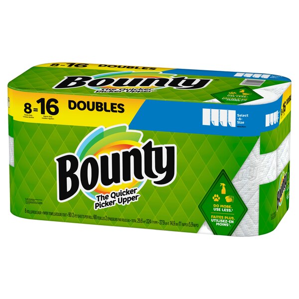 Bounty Select-A-Size Paper Towels, 8 Double Rolls, White, 90 Sheets Per Roll