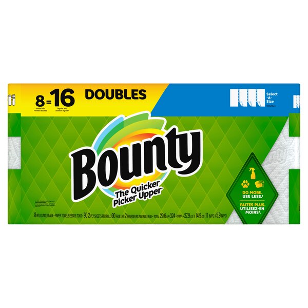 Bounty Select-A-Size Paper Towels, 8 Double Rolls, White, 90 Sheets Per Roll