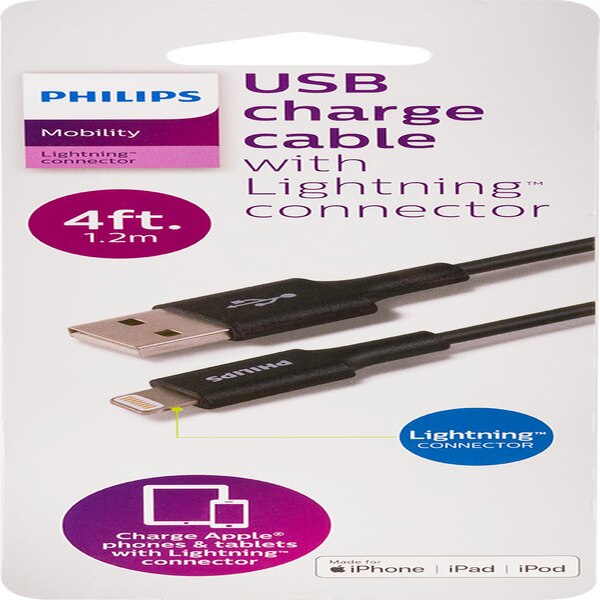 Philips USB to Lightning Cable, 4 ft, Basic, Black