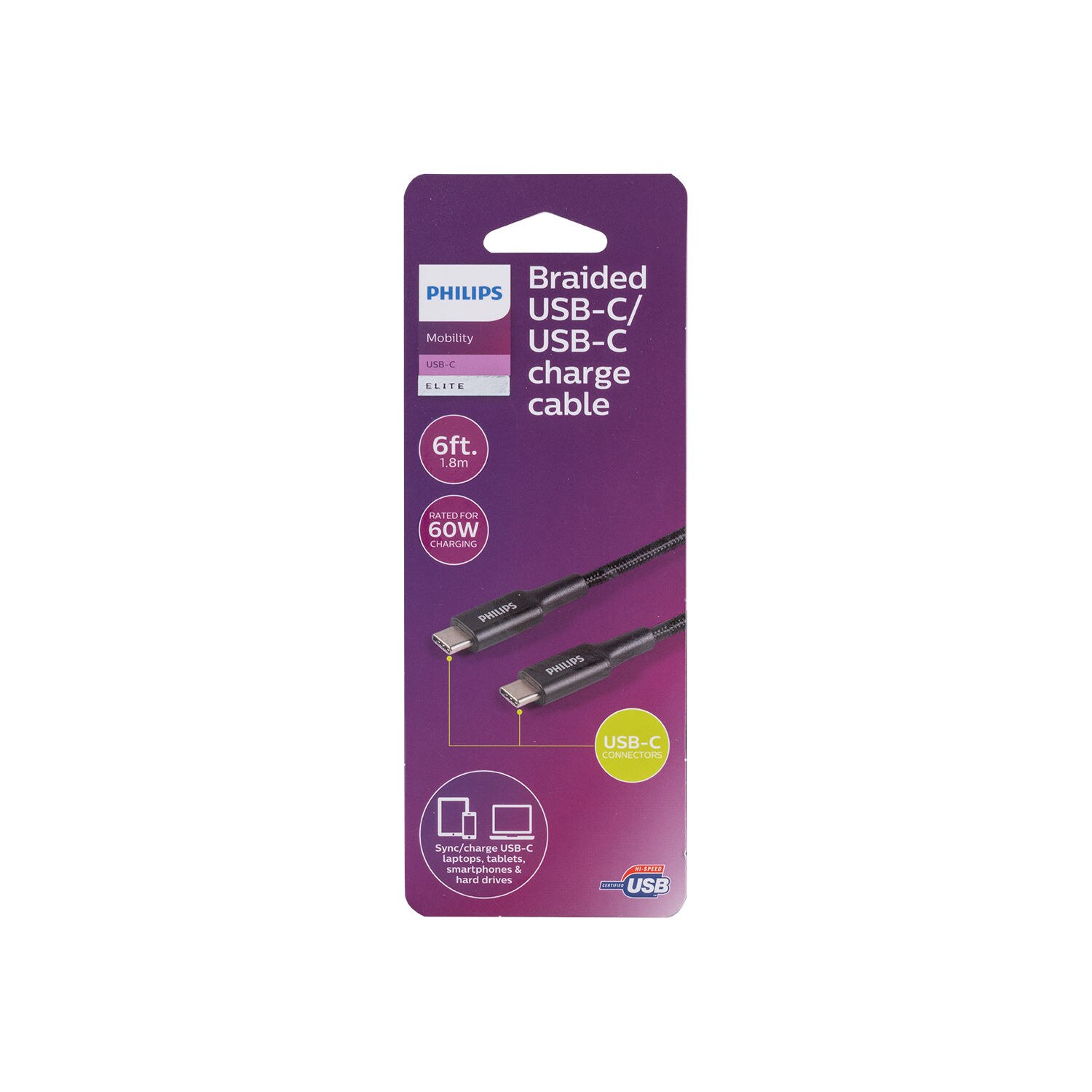 Philips Elite USB-C to USB-C Cable, 6 ft, Braided, Black image.