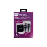 Philips AC Charger with USB A-Lightning Cable, 2 Ports, 2.4A, 6ft Braided, Black, thumbnail image 1 of 3