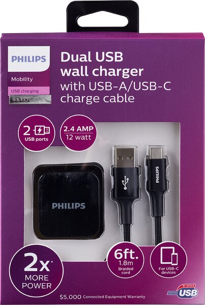 Philips AC Charger with USB A-Lightning Cable, 2 Ports, 2.4A, 6ft Braided, Black