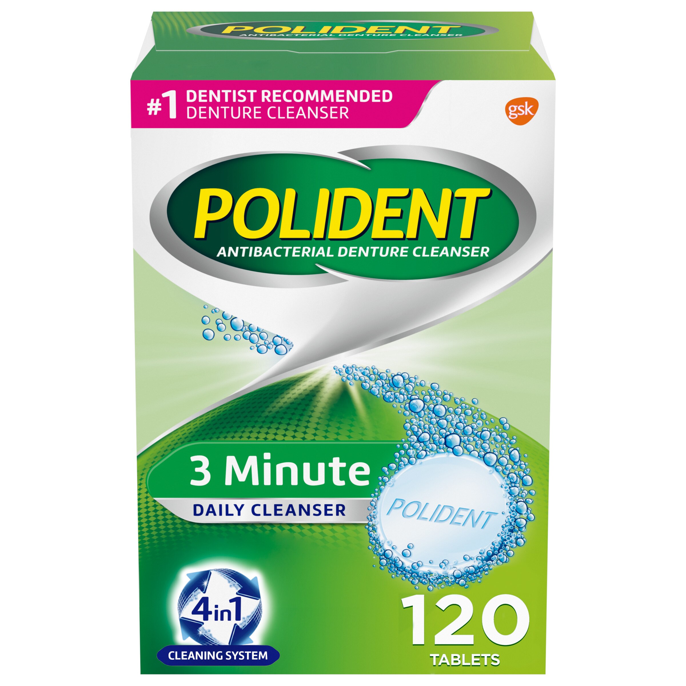 Polident Antibacterial Denture Cleanser, 3 Minute Daily Cleanser, 120 CT image.