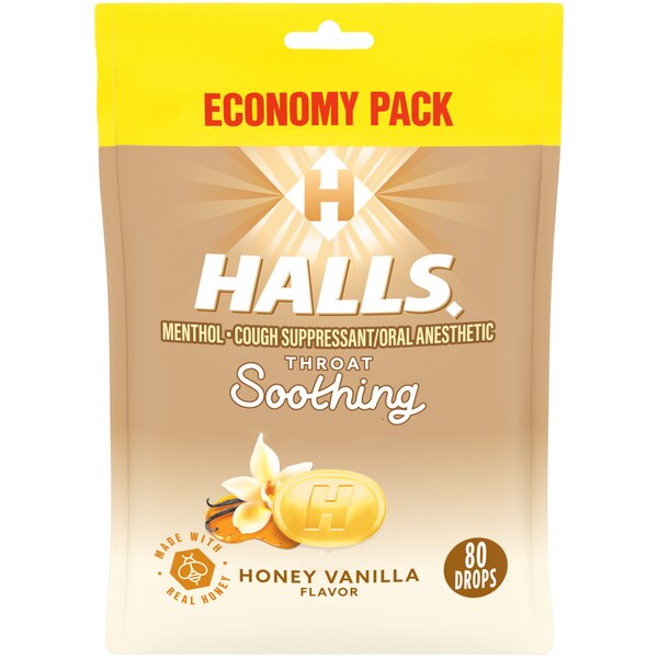 HALLS Throat Soothing Cough Drops, Honey Vanilla, 80 CT