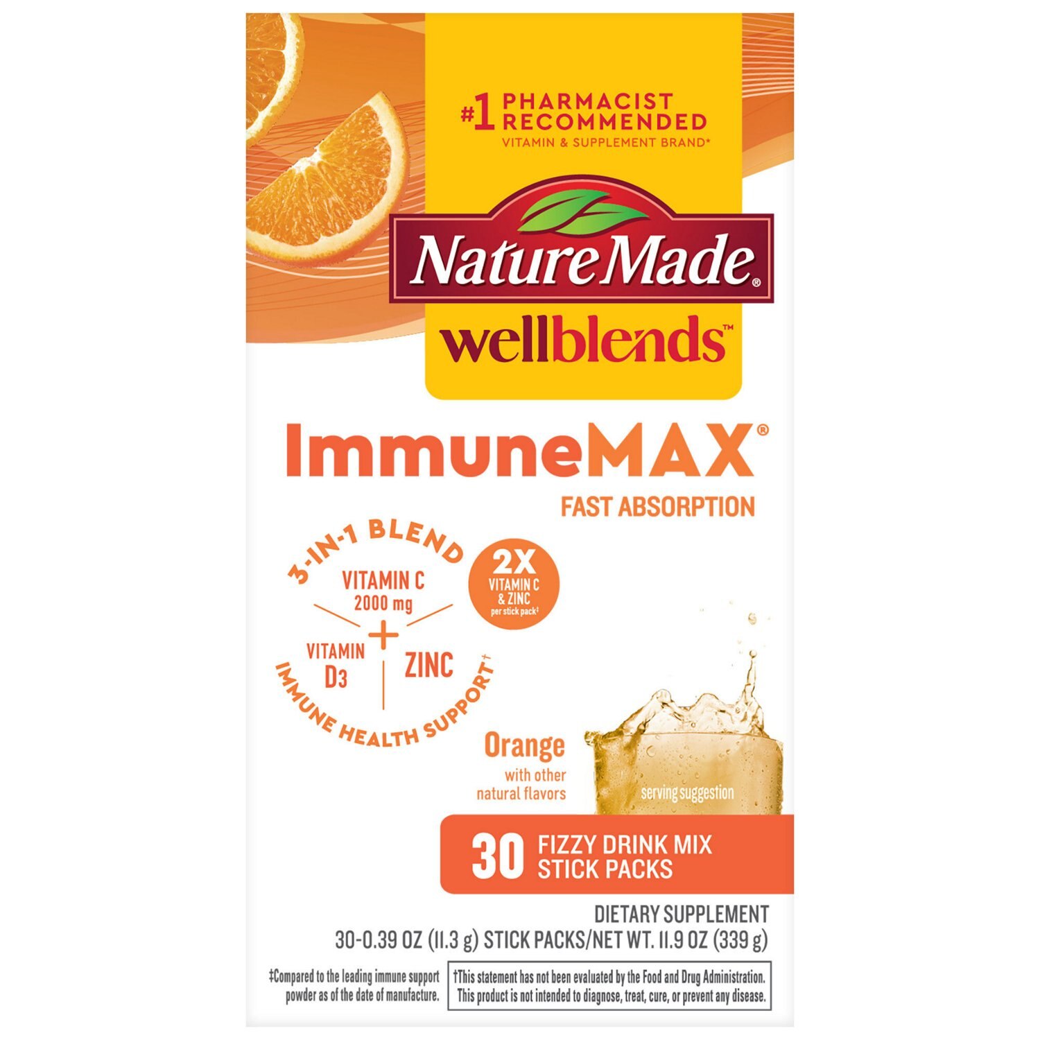 Nature Made Wellblends ImmuneMAX Fizzy Drink Mix Stick Packs, Vitamin C, D3, Electrolyte Packets, 30 CT image.
