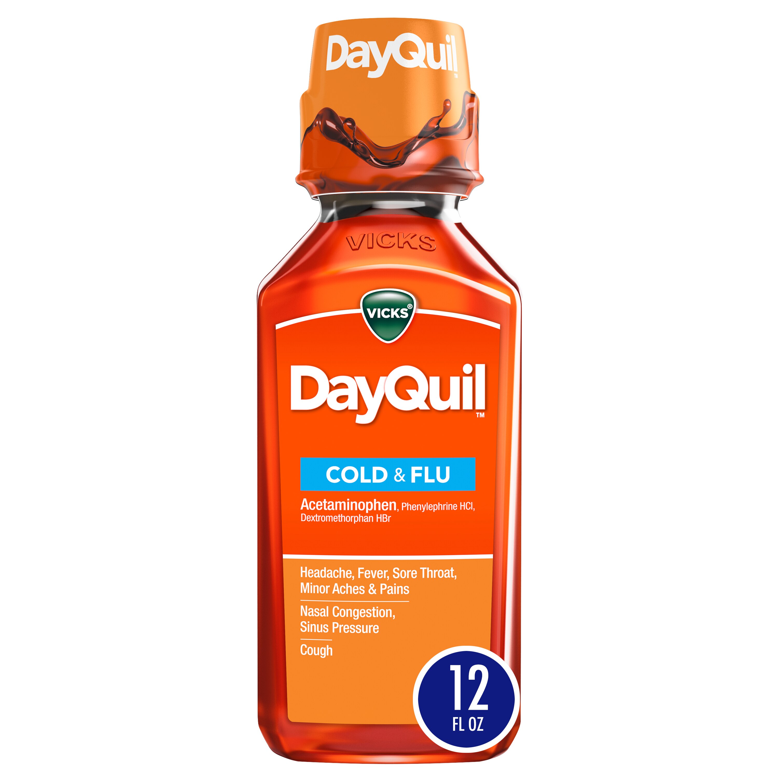 Vicks DayQuil, Non-Drowsy, Daytime Cold & Flu Medicine, Relieves Aches, Headache, Fever, Sore Throat, Congestion, Sneezing, Runny Nose, Cough 12 Fl OZ image.