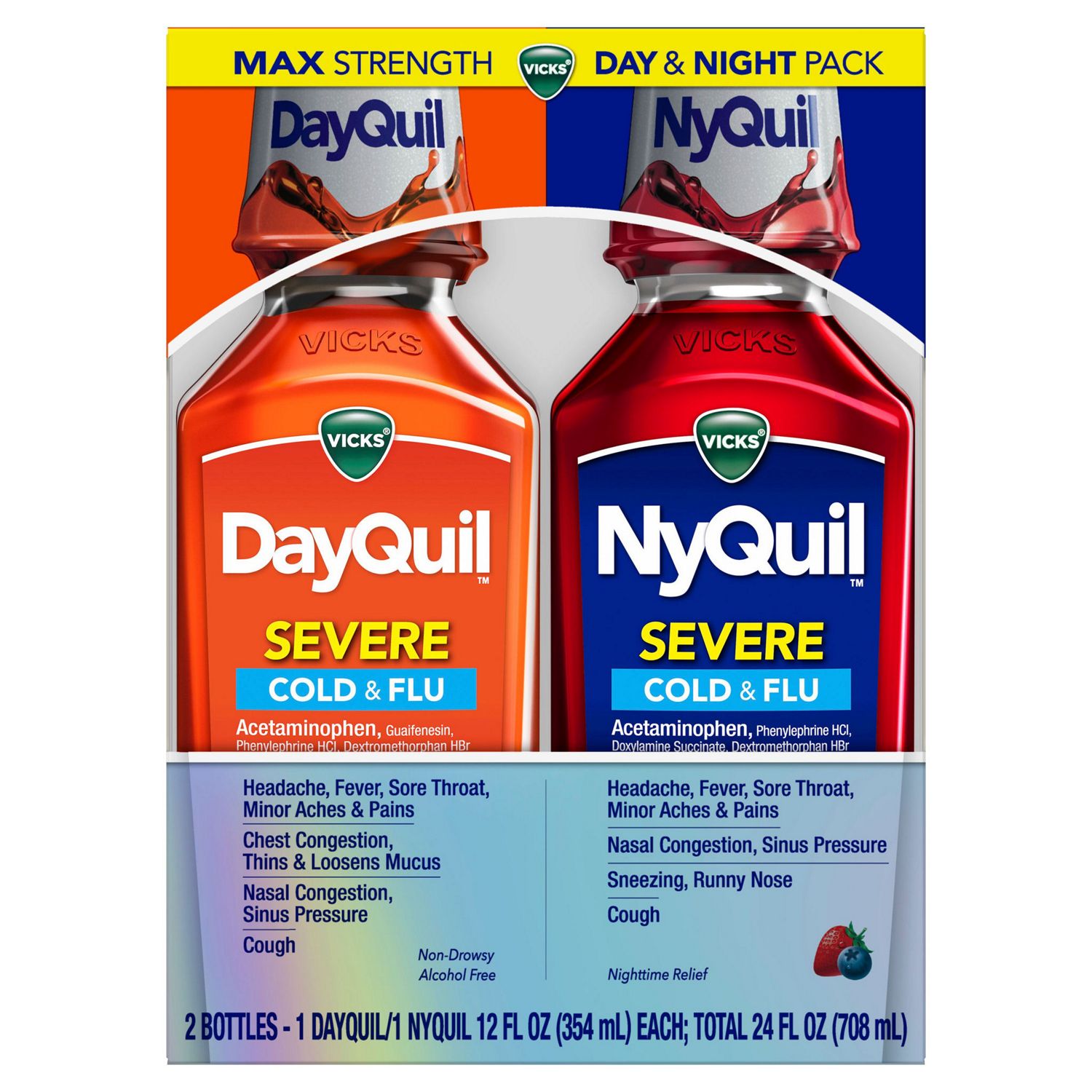 Vicks NyQuil and DayQuil SEVERE Cough, Cold & Flu Relief Liquid, 2x12 Fl OZ Combo, Relieves Sore Throat, Fever, and Congestion, Day or Night image.