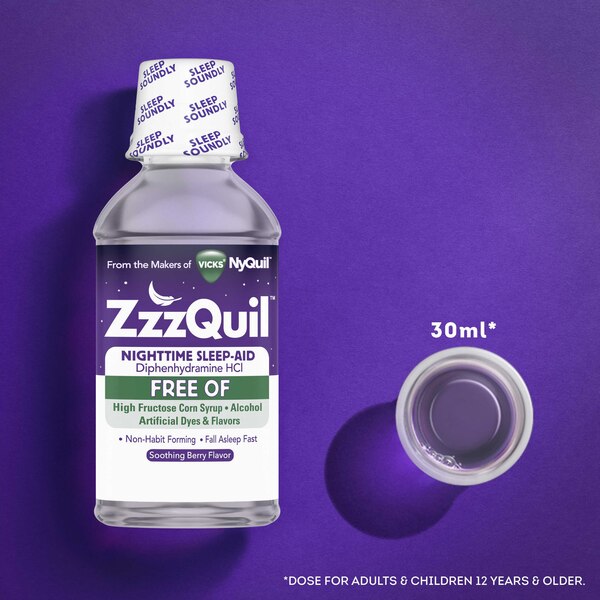 ZzzQuil Nighttime Sleep-Aid Alcohol Free Liquid, Soothing Berry, 12 FL OZ