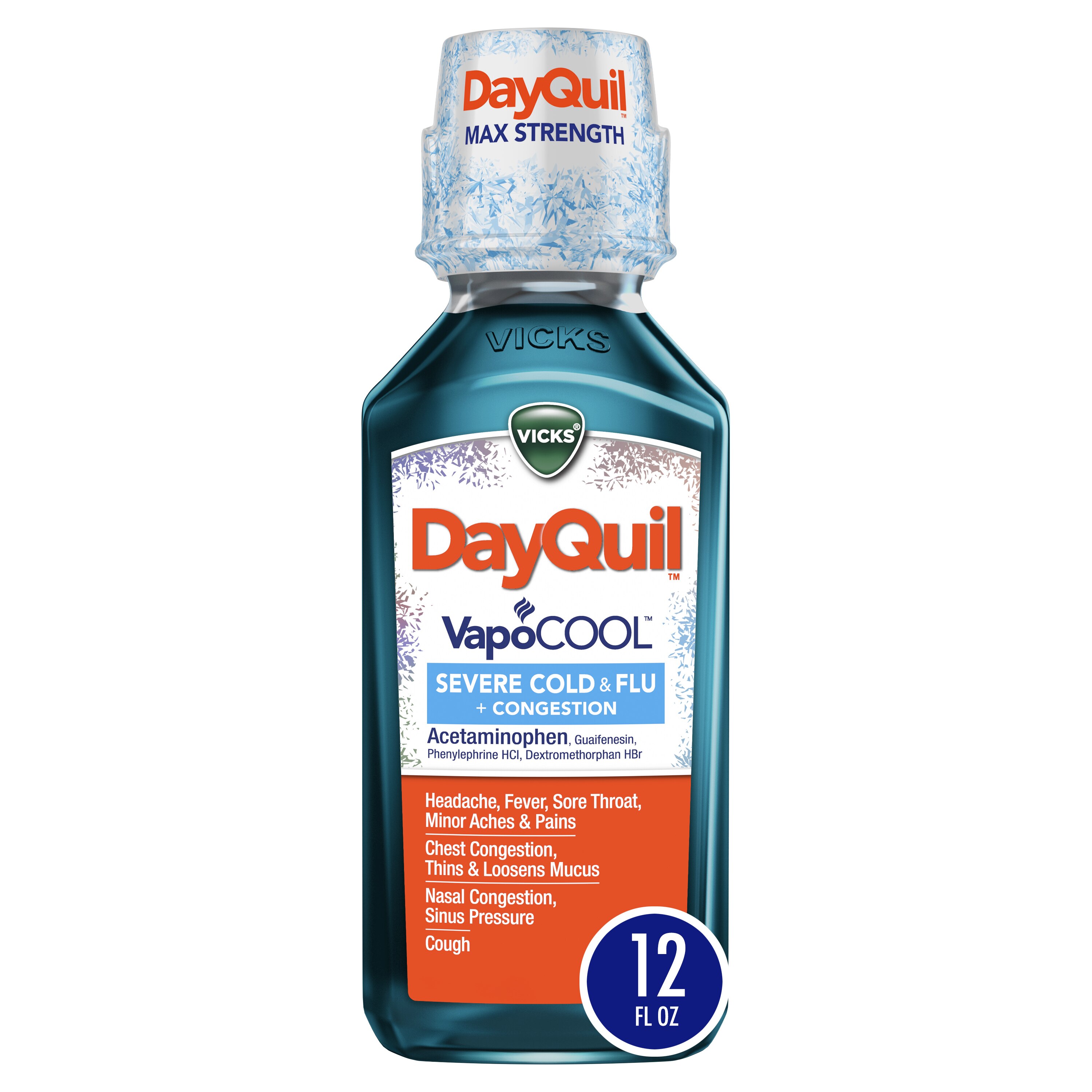 Vicks DayQuil VapoCOOL Severe Cold & Flu + Congestion Liquid, 12 OZ image.
