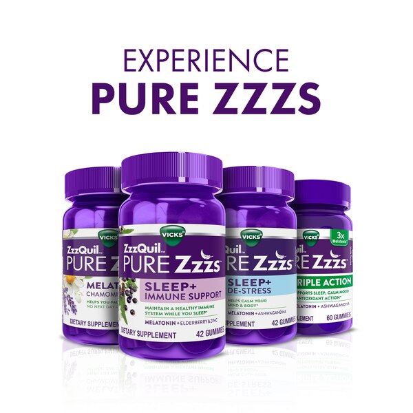 Vicks ZzzQuil Pure Zzzs Sleep + De-Stress Melatonin Gummies, 26 CT