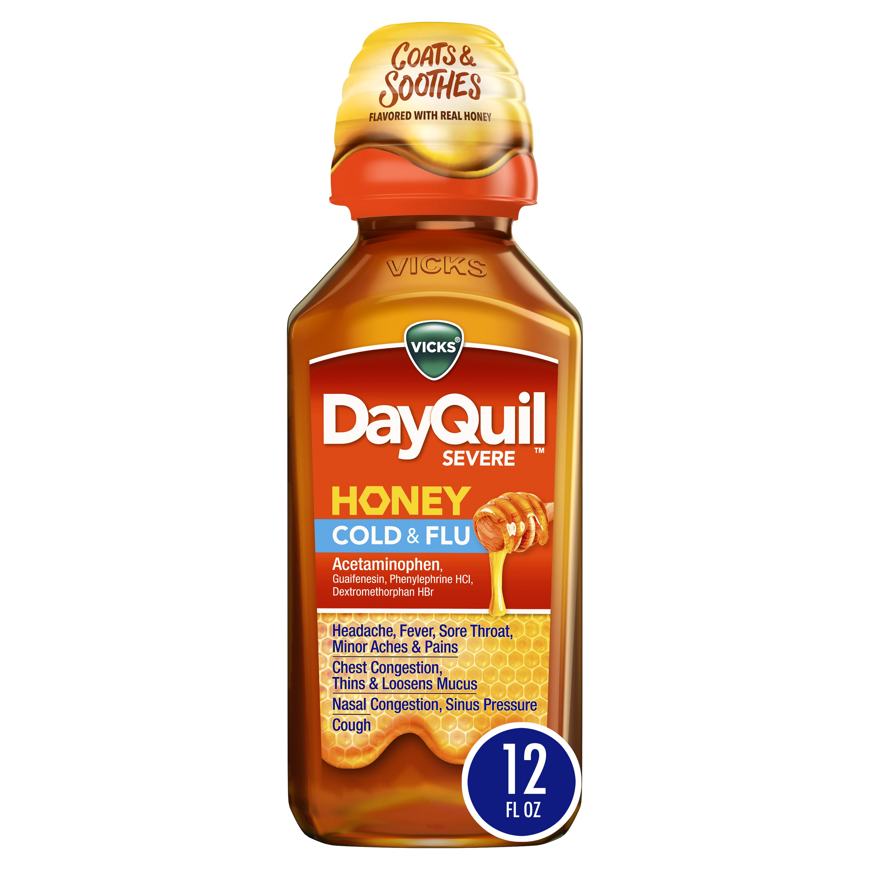 Vicks DayQuil Severe Cold & Flu Liquid, Honey, 12 OZ image.