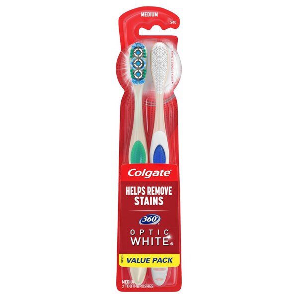 Colgate 360 Optic White Whitening Toothbrush, Medium - 2 CT
