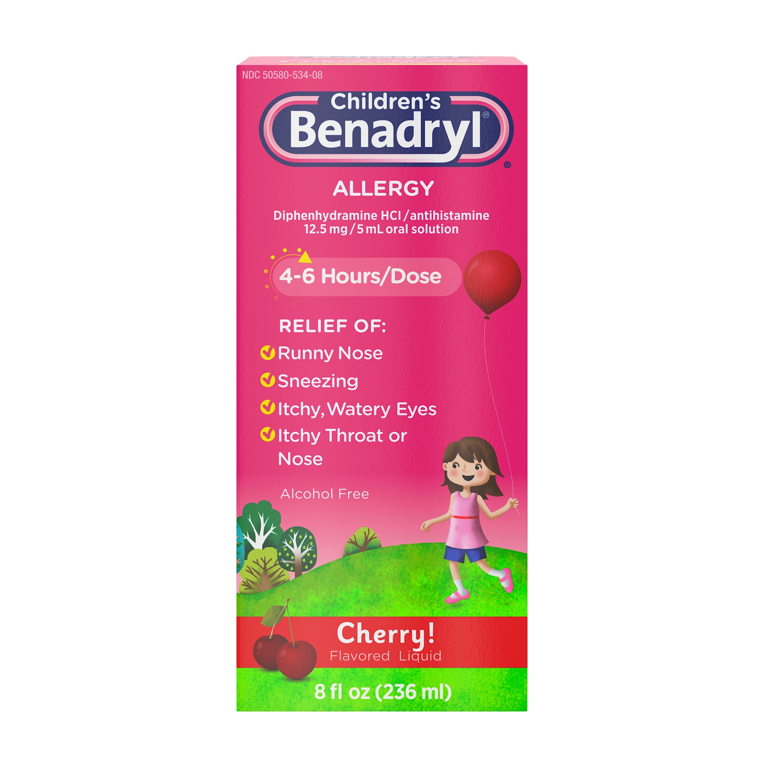 Benadryl Children's Allergy Antihistamine Liquid, Cherry, 8 OZ image.
