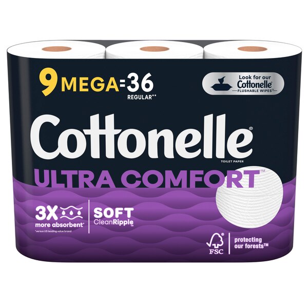 Cottonelle Ultra Comfort Toilet Paper, 9 Mega Rolls (9 Mega Rolls = 36 regular rolls), 268 Sheets per Roll