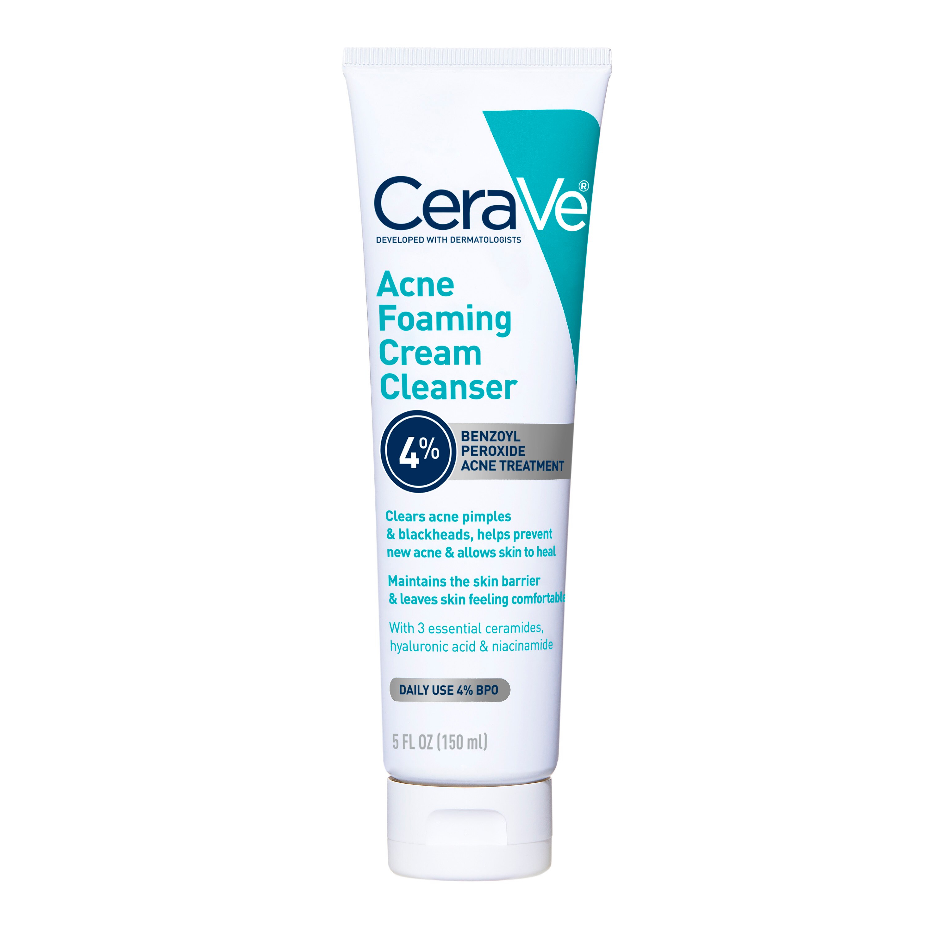 CeraVe Acne Foaming Cream Face Cleanser with 4% Benzoyl Peroxide, Hyaluronic Acid, and Niacinamide, Fragrance-Free, 5 OZ image.