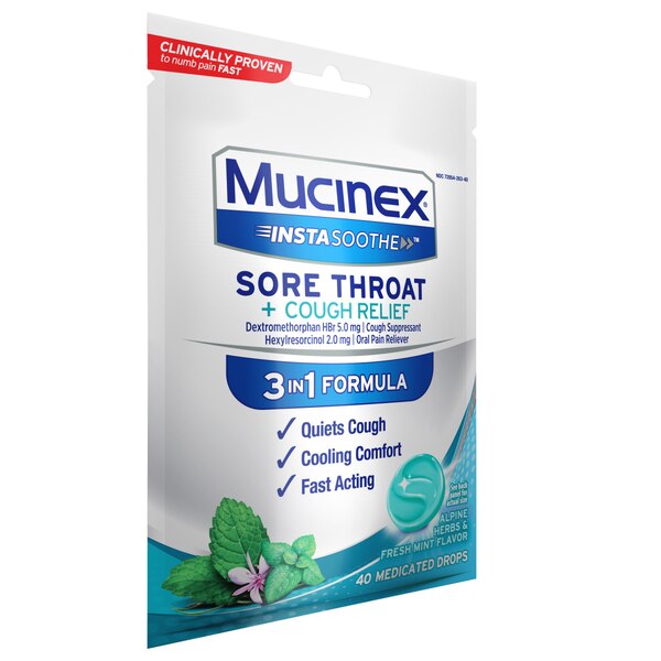 Mucinex InstaSoothe Sore Throat + Cough Relief Medicated Lozenges, Alpine Herbs & Fresh Mint, 40 CT