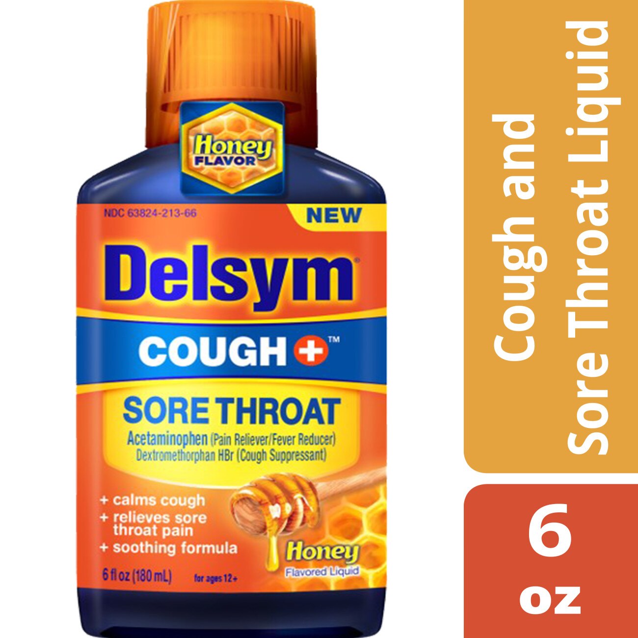 Delsym Cough + Sore Throat Relief, Honey, 6 OZ image.
