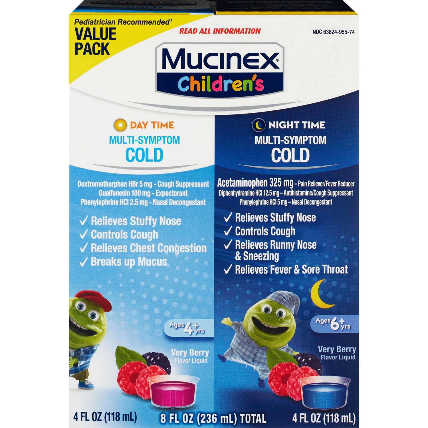 Mucinex Children's Multi-Symptom Day & Night Cold Relief Liquid, 2 x 4 OZ (Packaging May Vary) image.