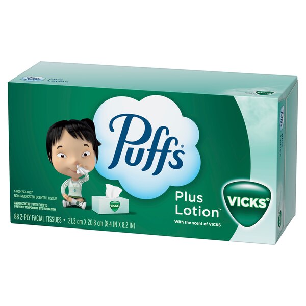 Puffs Plus Lotion with the Scent of Vick's Facial Tissues, 1 Family Size Box, 88 Tissues Per Box