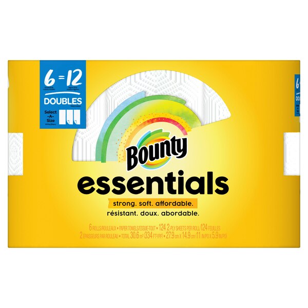 Bounty Essentials Select-A-Size Paper Towels, 6 Double Rolls, White, 108 Sheets Per Roll