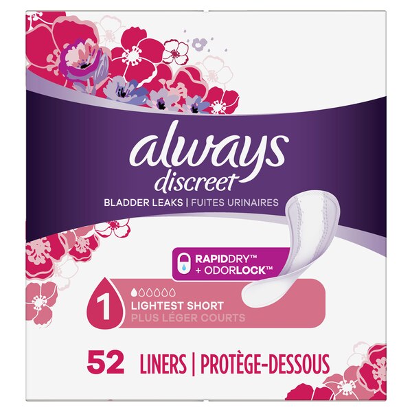 Always Discreet Lightest Short Liners, 52/Pack