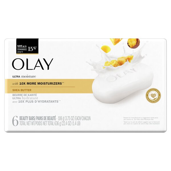 Olay Moisture Outlast Ultra Moisture Shea Butter Beauty Bar with Vitamin B3 Complex 3.75 OZ, 6CT