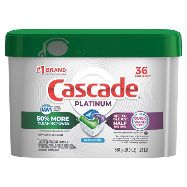 Cascade Platinum Dishwasher Pods, ActionPacs Dishwasher Detergent, Fresh Scent, 36 ct