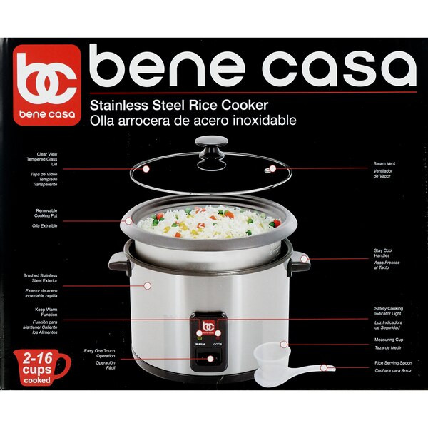 Bene Casa Rice Cooker, Stainless Steel, 8 CUP (uncooked)/ 16 CUP (cooked)