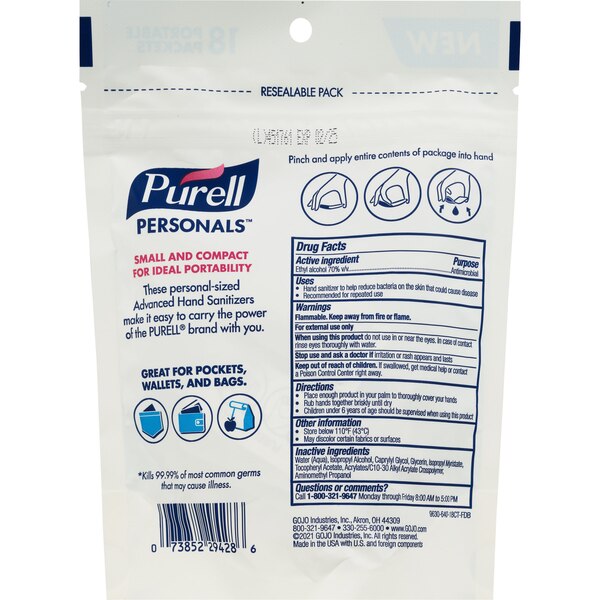 Purell Personals Travel Size Advanced Hand Sanitizer, 18CT