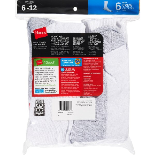 Hanes Men's Cushion White Socks Size 6-12