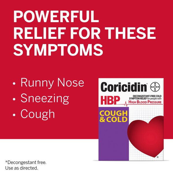 Coricidin HBP Decongestant-Free Cough and Cold Medicine for Hypertensives, 16 CT