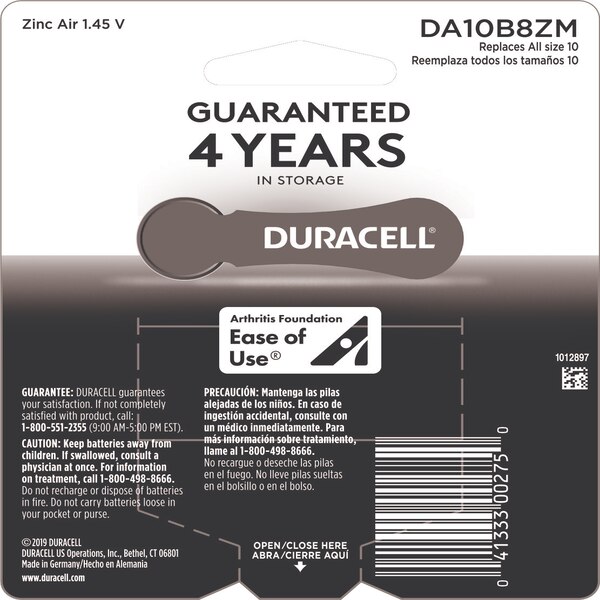 Duracell Hearing Aid Batteries Easytab, Size 10