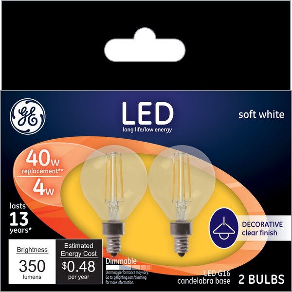 GE Soft White LED 40W Decorative Clear Light Bulbs, G16, 2 CT