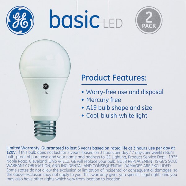 GE Basic Daylight LED 100W Non-Dimmable Light Bulbs, A19, 2 CT