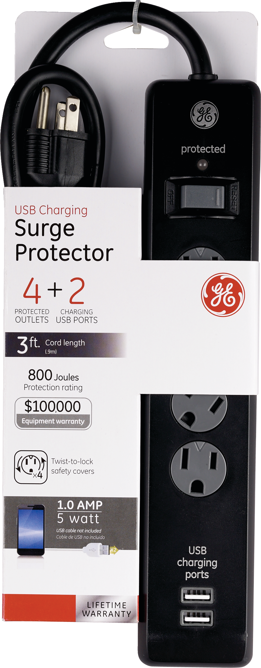 GE Lighting - PL 3 Outlet Surge Protector With USB Charging 3 Standard Outlets + 2 Charging USB Ports