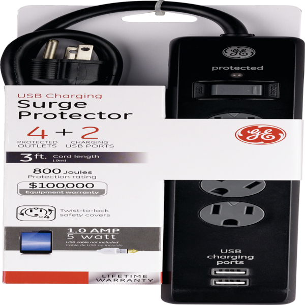 GE Lighting - PL 3 Outlet Surge Protector With USB Charging 3 Standard Outlets + 2 Charging USB Ports