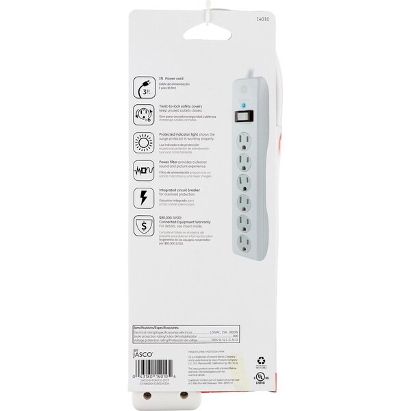 GE Standard 6-Outlet Surge Protector, White