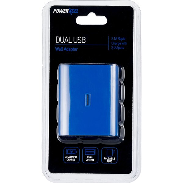 PowerXcel Dual USB Wall Adapter, Blue