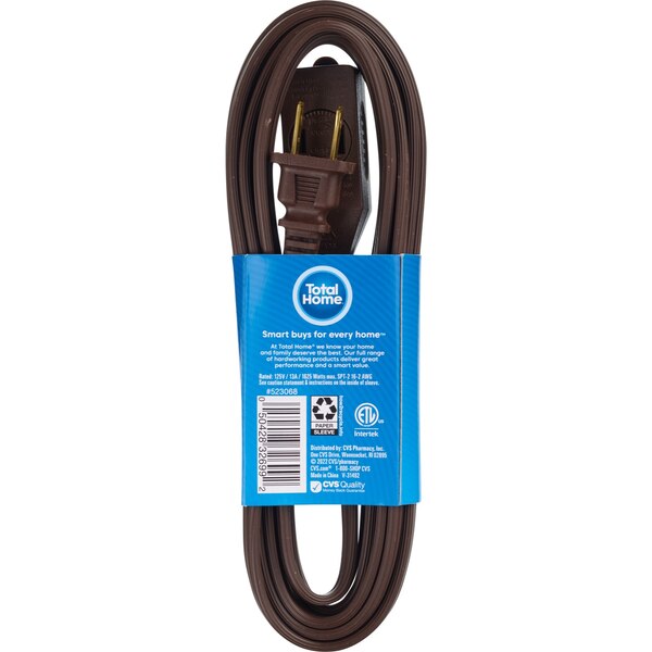 Total Home 3-Outlet Indoor Extension Cord, 15 Ft Brown